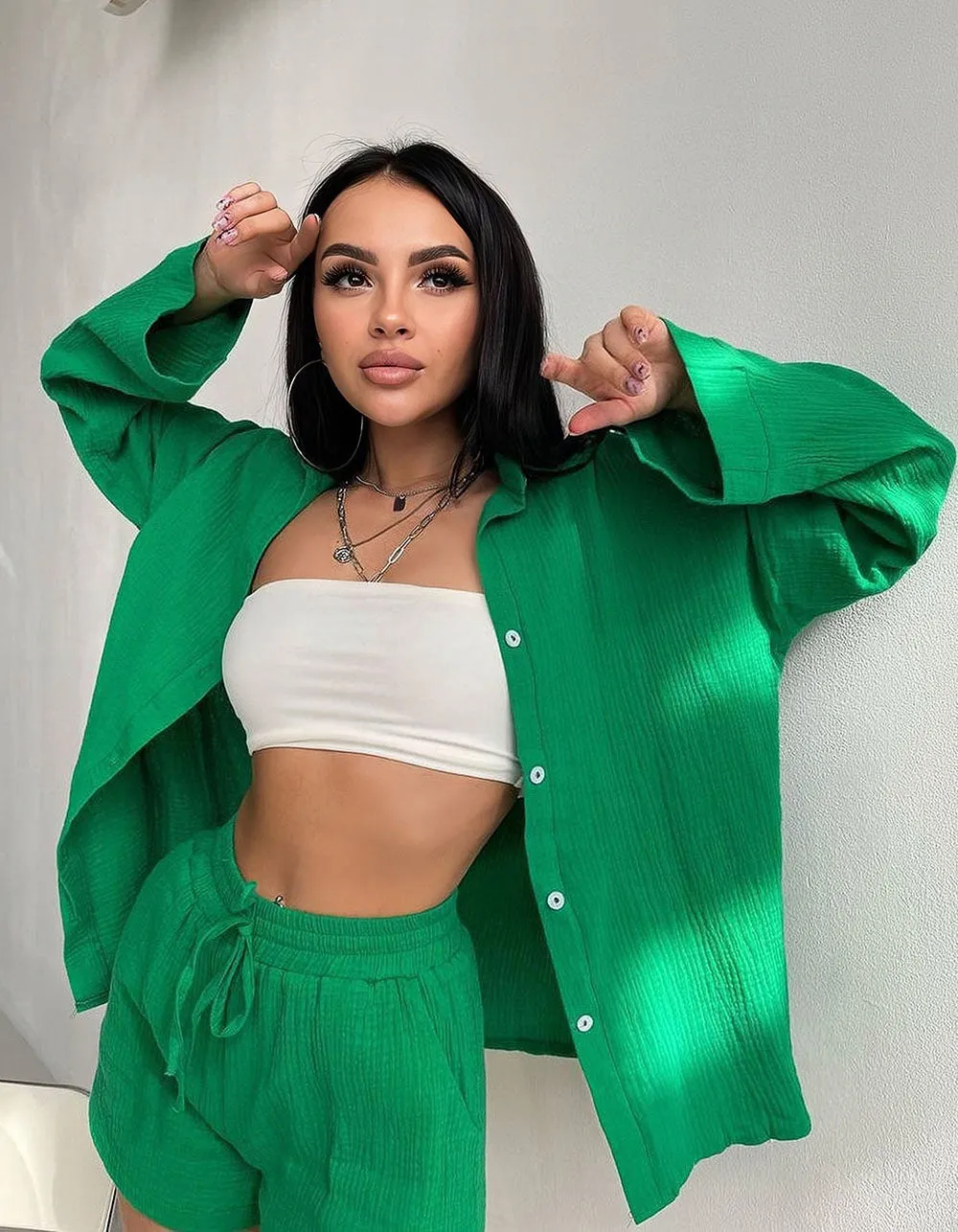 Solid-color Two-Piece Long Sleeve Button Shirt Shorts Sets