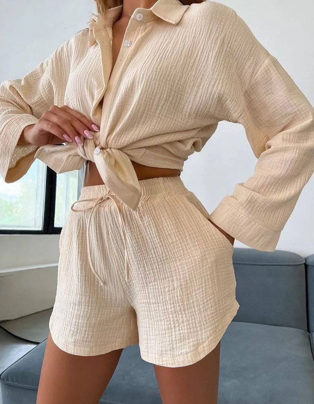 Solid-color Two-Piece Long Sleeve Button Shirt Shorts Sets