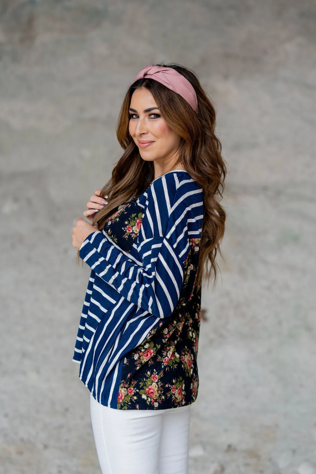 Striped Rose Accented Dolman Tee