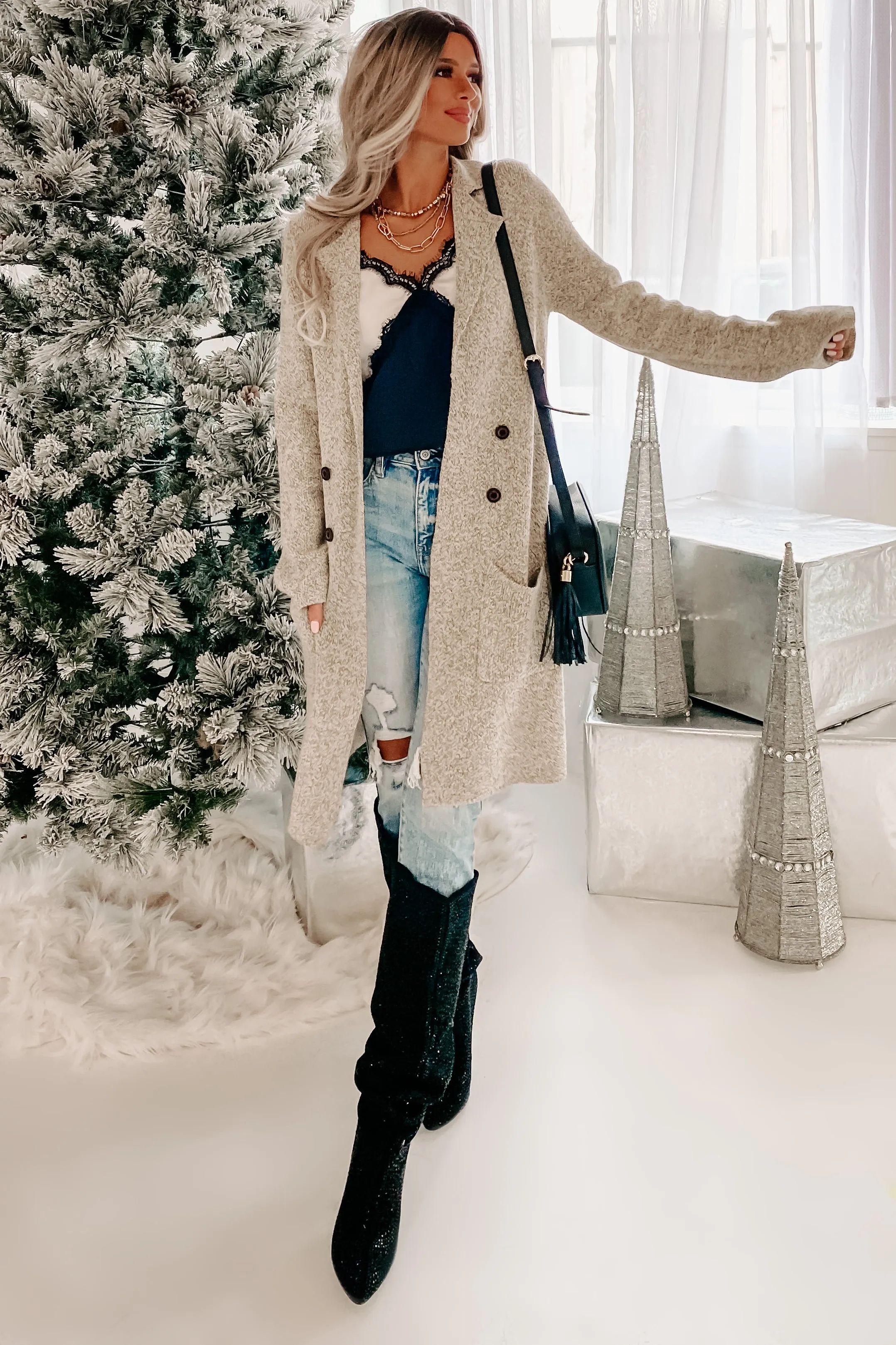 Study Session Two-Toned Open Front Cardigan (Oatmeal)