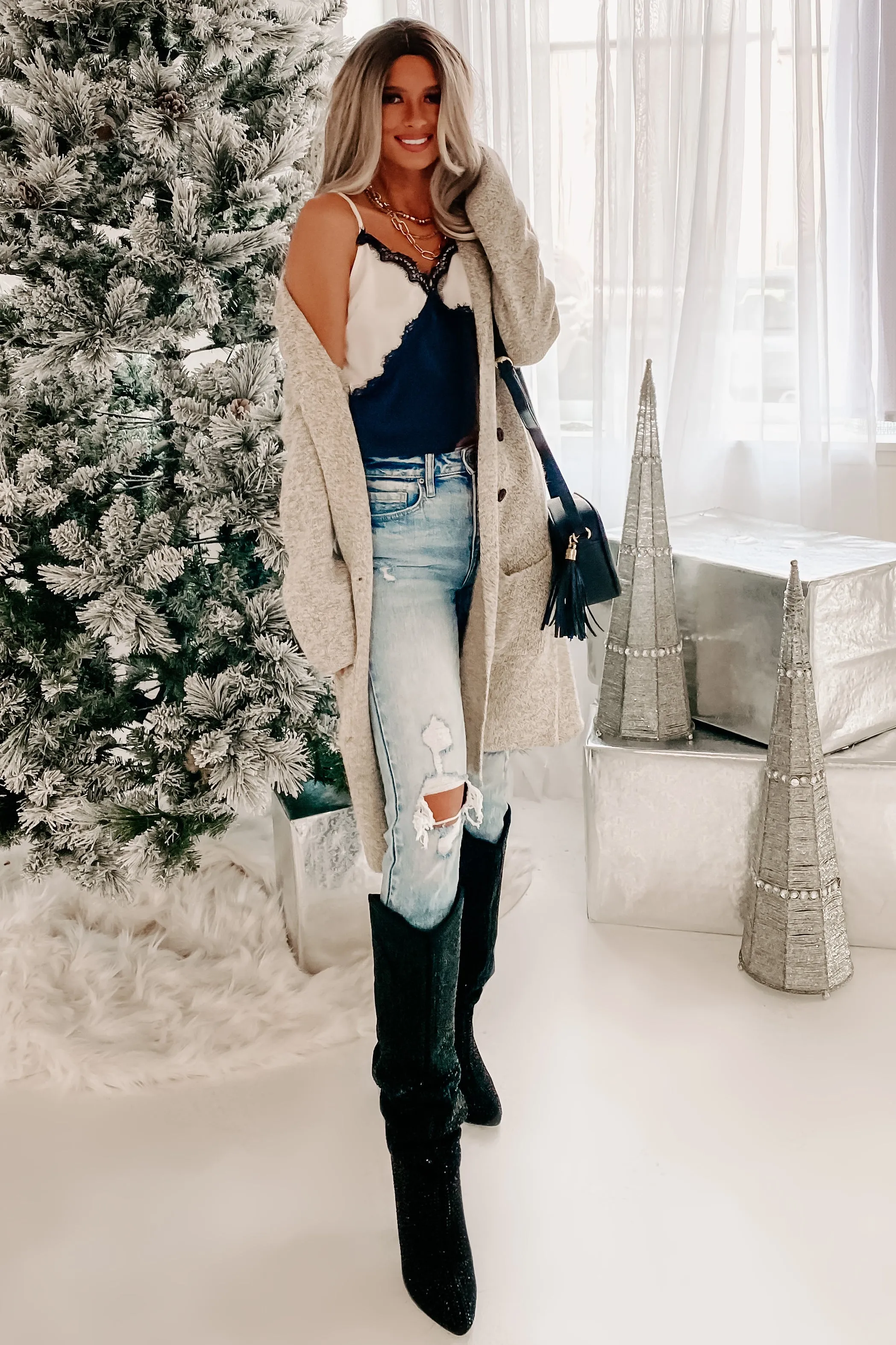 Study Session Two-Toned Open Front Cardigan (Oatmeal)
