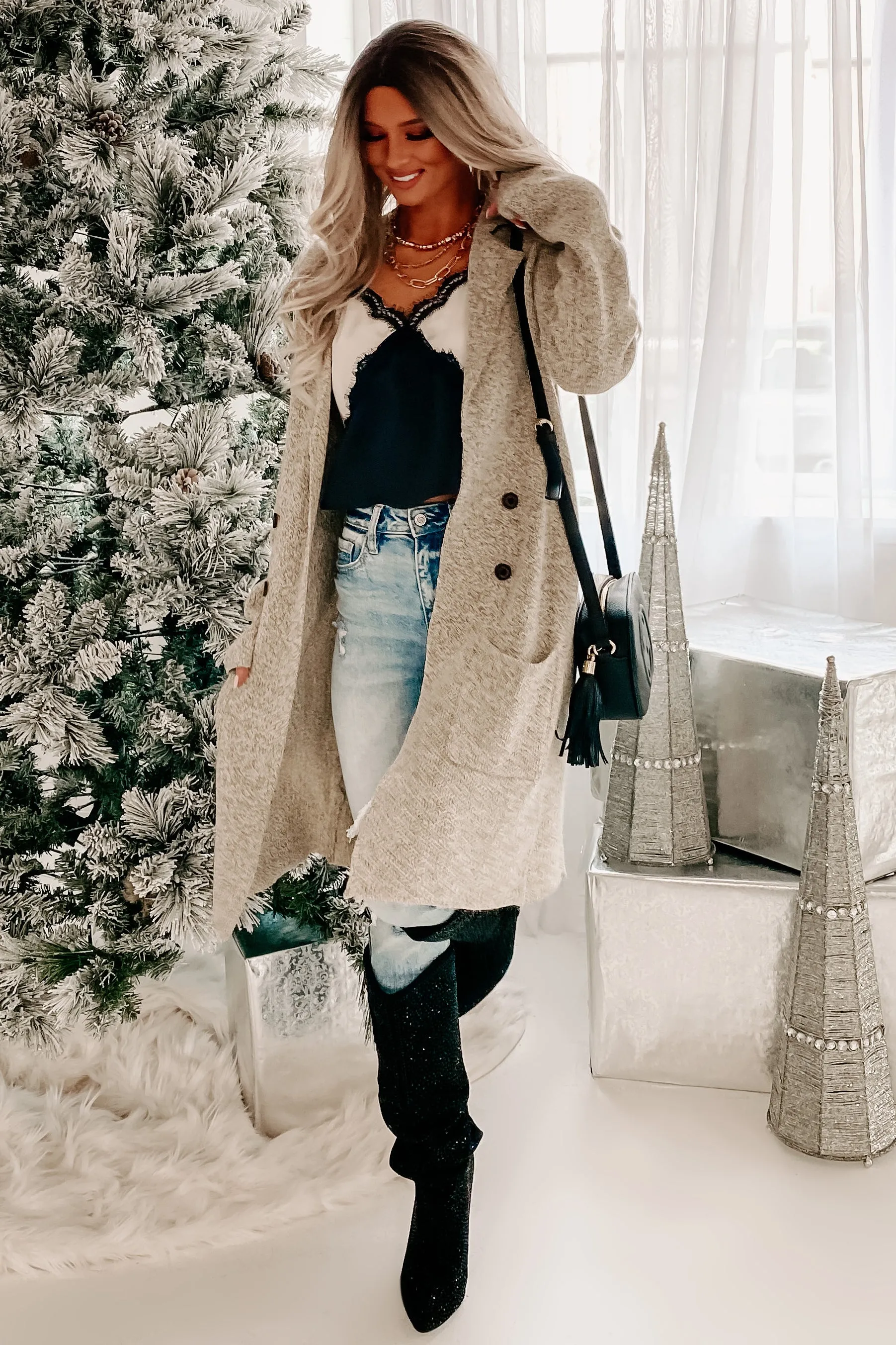 Study Session Two-Toned Open Front Cardigan (Oatmeal)