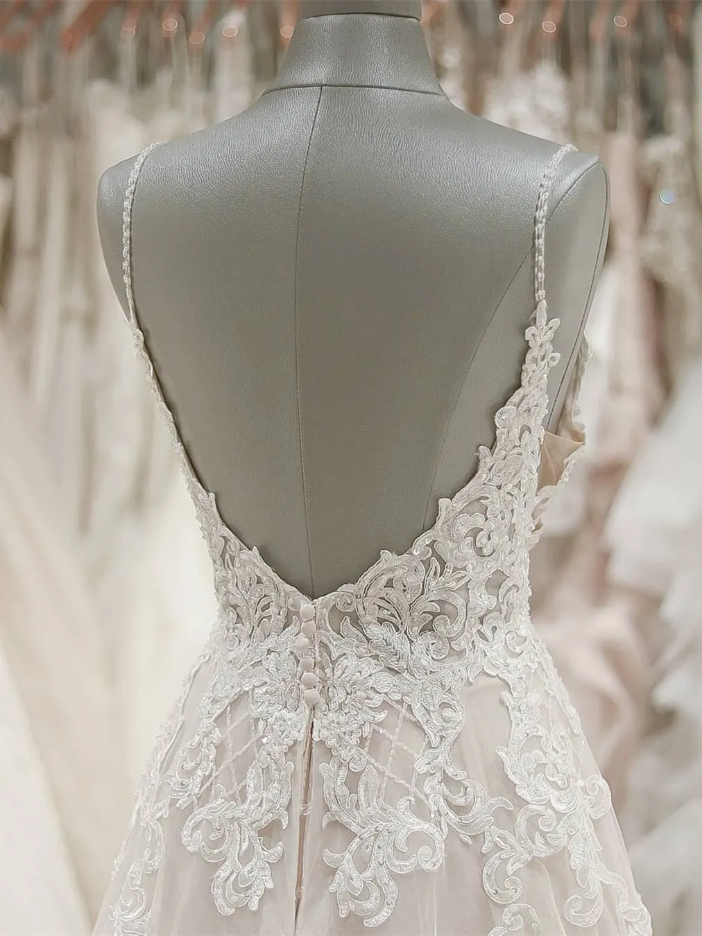 Stunning A-line Spaghetti Straps Lace Wedding Dress with Low Back