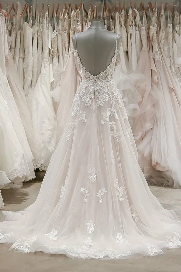 Stunning A-line Spaghetti Straps Lace Wedding Dress with Low Back