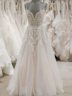 Stunning A-line Spaghetti Straps Lace Wedding Dress with Low Back