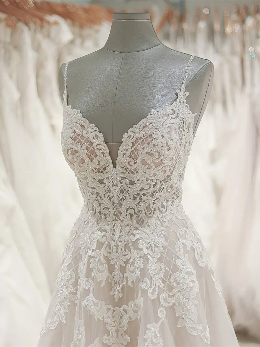 Stunning A-line Spaghetti Straps Lace Wedding Dress with Low Back