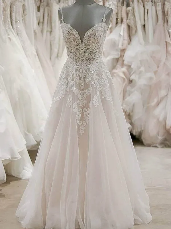 Stunning A-line Spaghetti Straps Lace Wedding Dress with Low Back