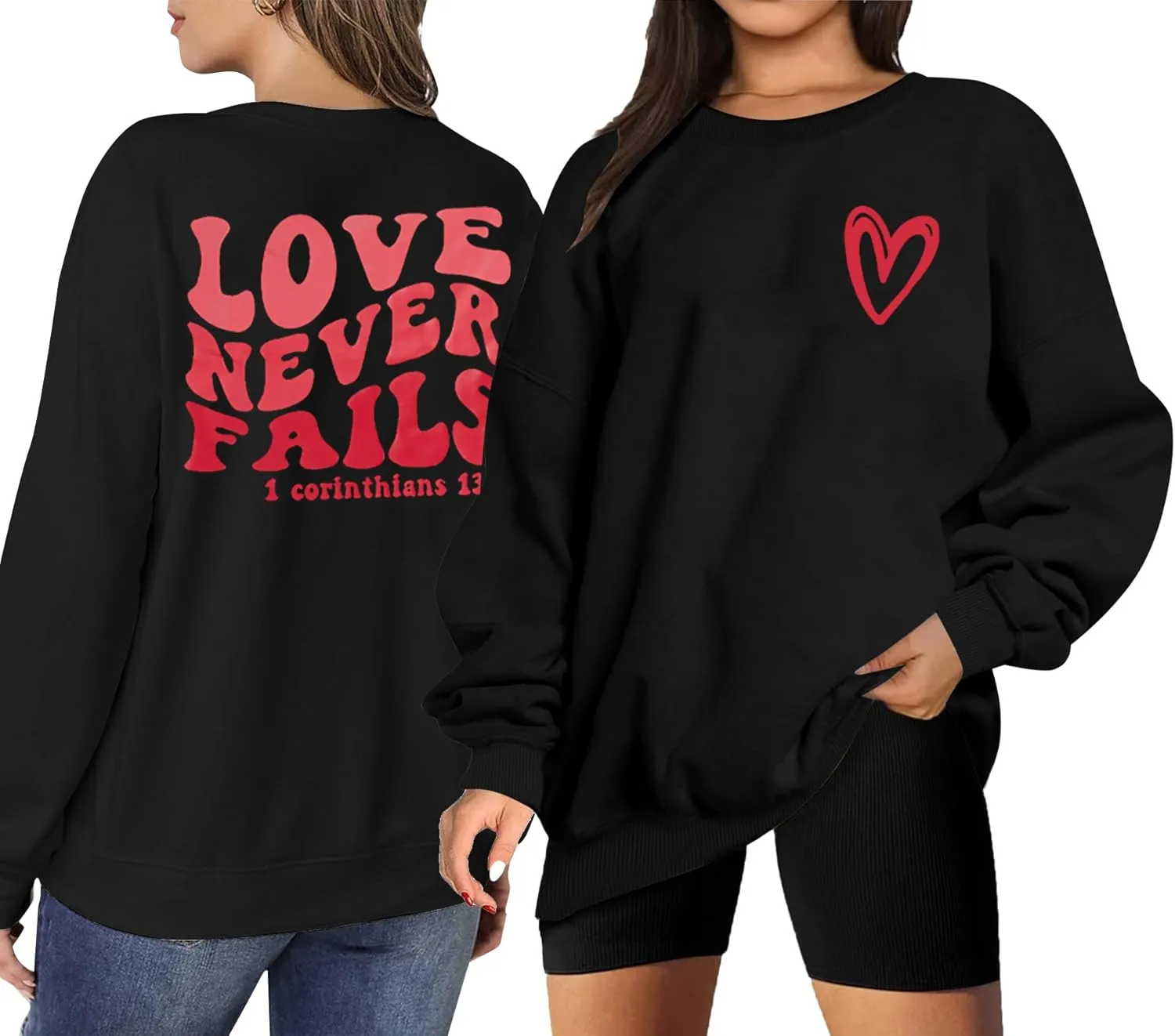 TAOHONG Women Love Heart Sweatshirts Graphic Shirt Long Sleeve Christian Sweatshirt Faith Pullover Tops