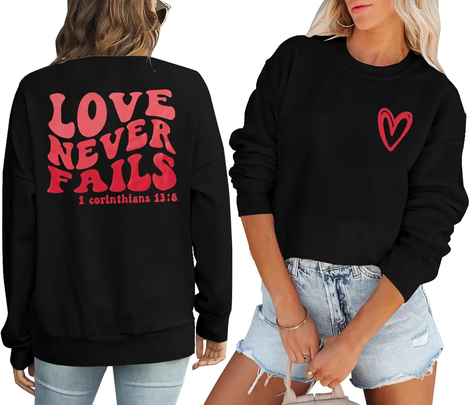 TAOHONG Women Love Heart Sweatshirts Graphic Shirt Long Sleeve Christian Sweatshirt Faith Pullover Tops