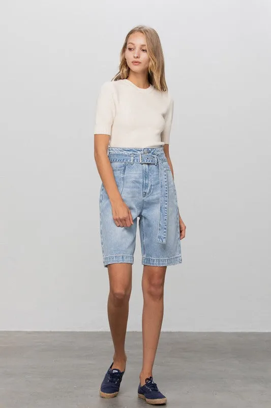 TEEK - LIGHT BLUE WASH BELTED DENIM BERMUDAS