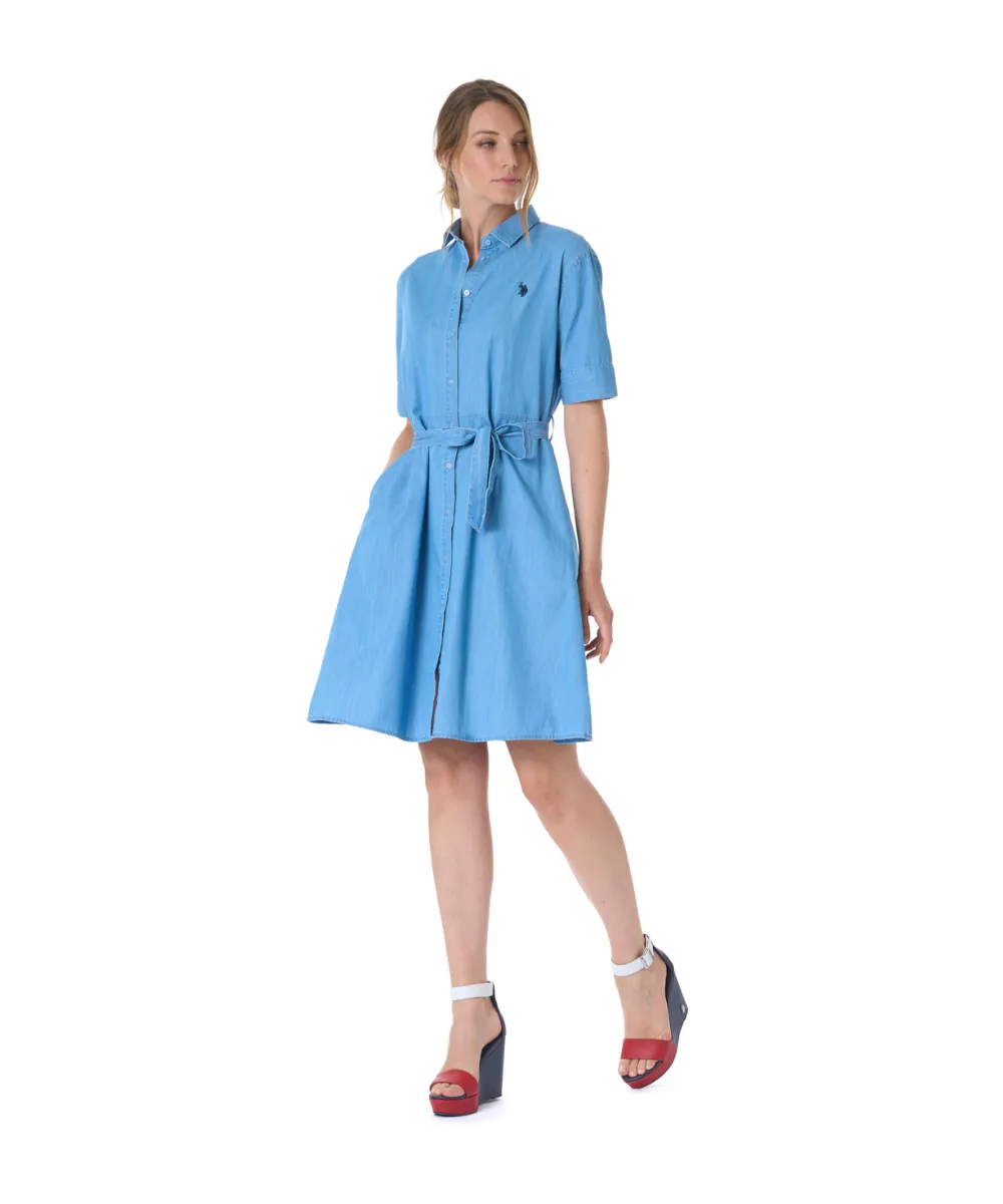 US POLO WOMEN LIGHT DENIM SHORT-SLEEVED CHEMISIER DRESS