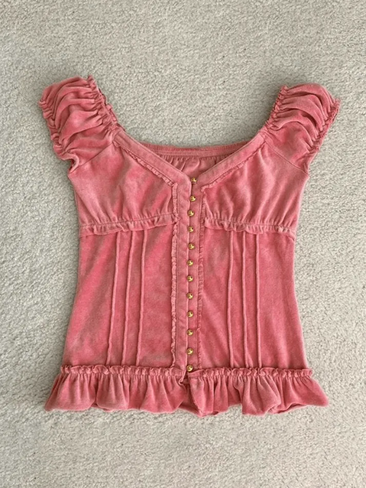 Velvet Button Front Cropped Blouse