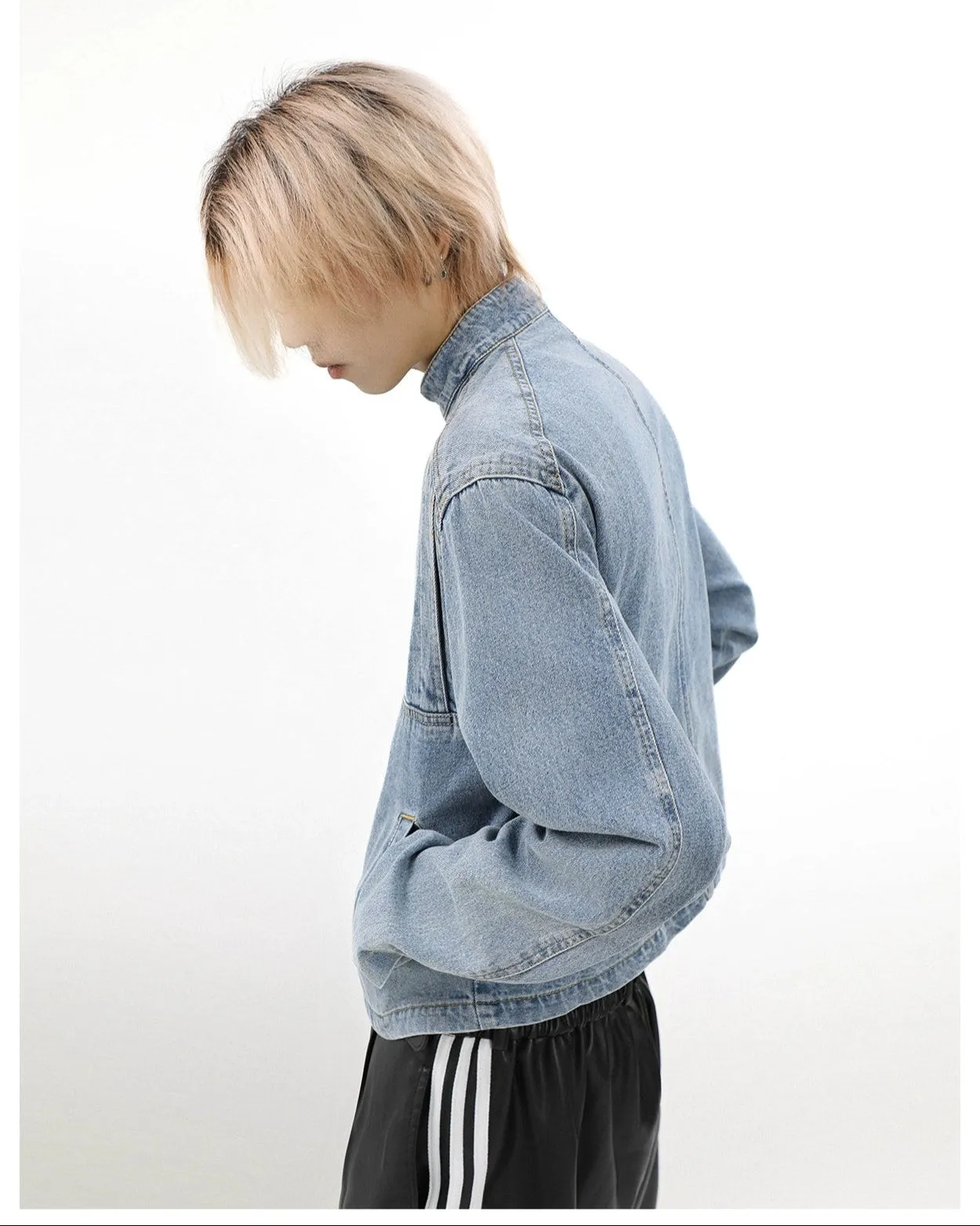Vintage Wash Denim Cropped Bomber Jacket