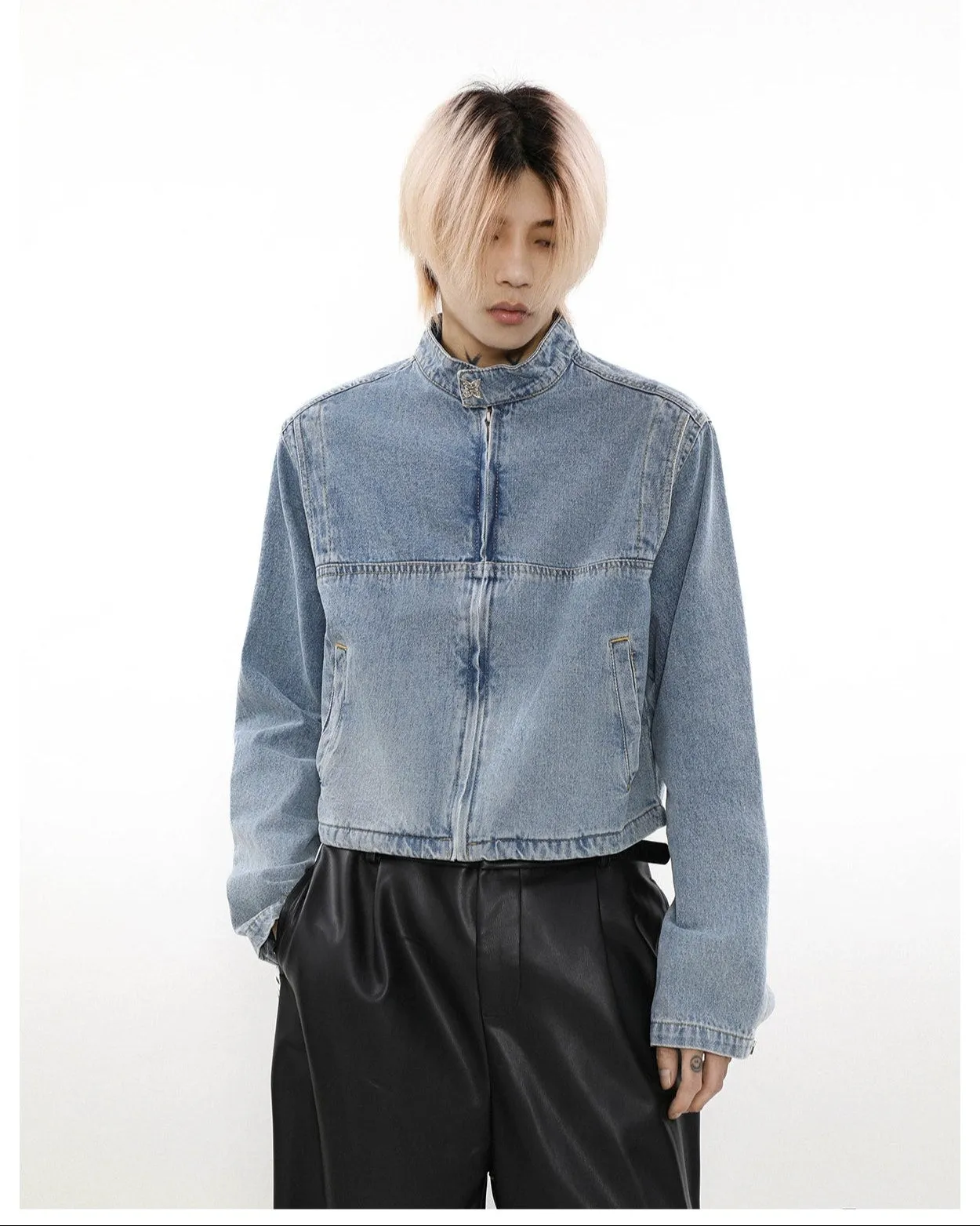 Vintage Wash Denim Cropped Bomber Jacket