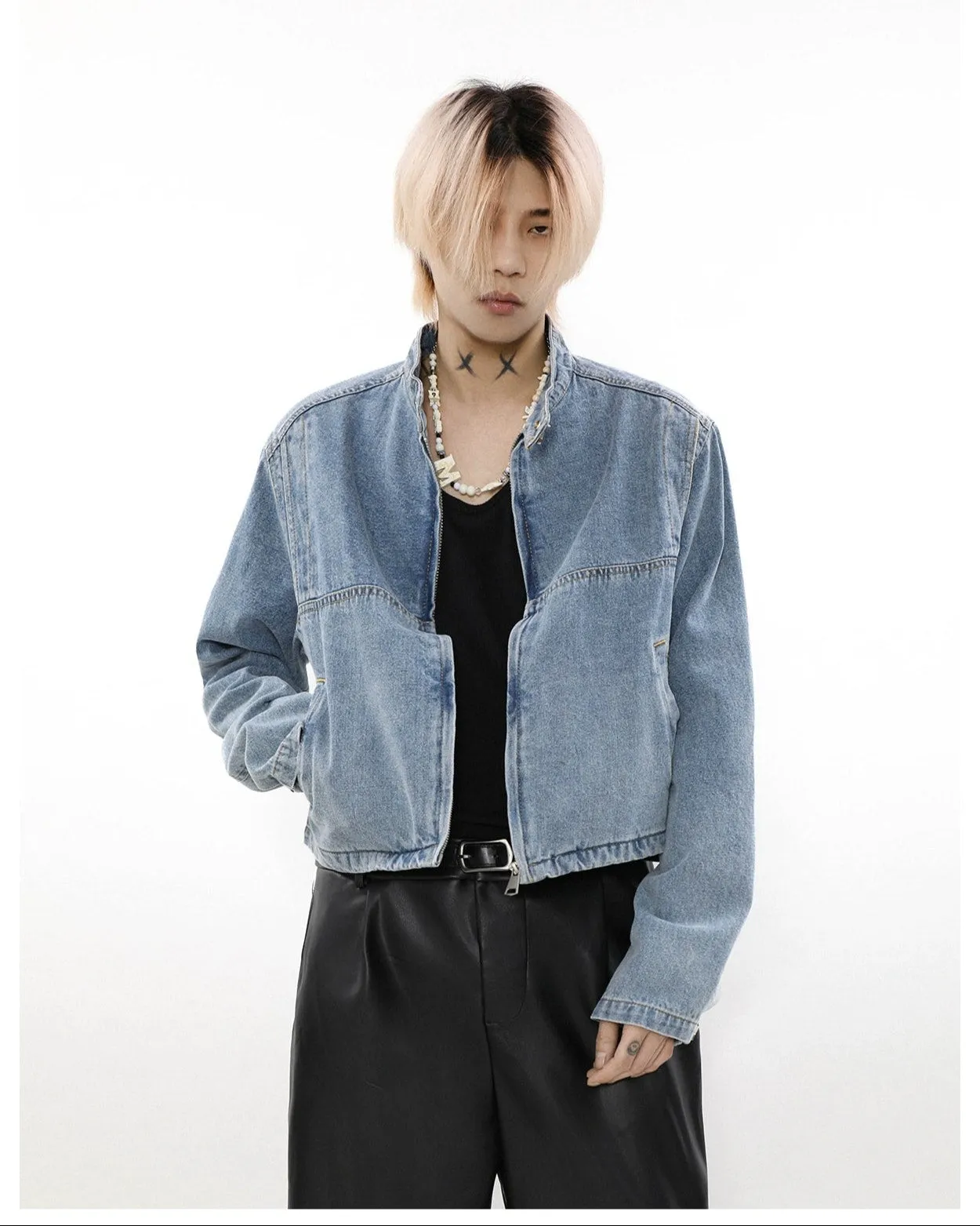 Vintage Wash Denim Cropped Bomber Jacket