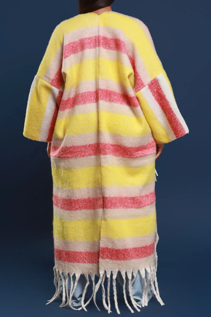 Warm Up To You Fringe Maxi Cardigan Sweater - Yellow/Pink Striped