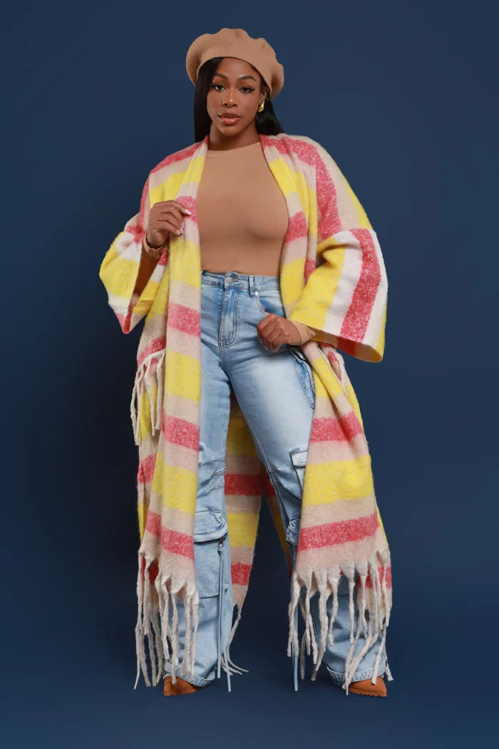 Warm Up To You Fringe Maxi Cardigan Sweater - Yellow/Pink Striped