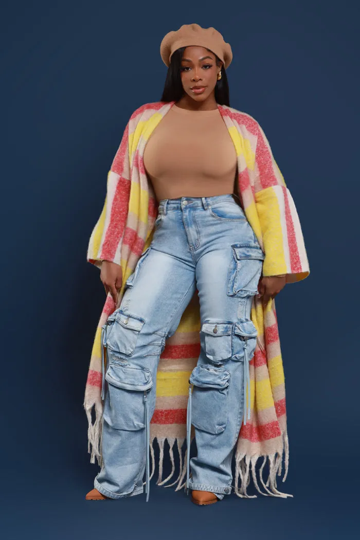 Warm Up To You Fringe Maxi Cardigan Sweater - Yellow/Pink Striped
