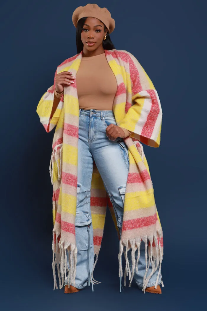 Warm Up To You Fringe Maxi Cardigan Sweater - Yellow/Pink Striped