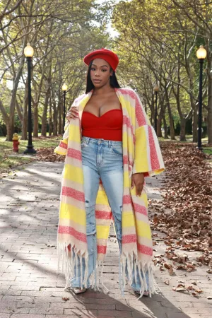 Warm Up To You Fringe Maxi Cardigan Sweater - Yellow/Pink Striped