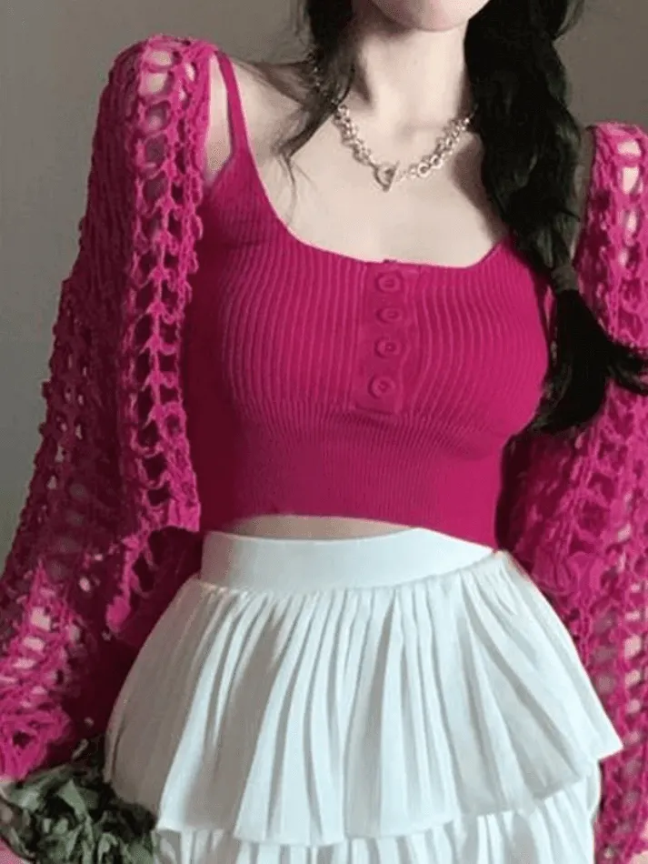 Wenkouban-Spring Casual Outfits Y2K Outfits Open Front Hollow Out Crochet Knit Crop Top