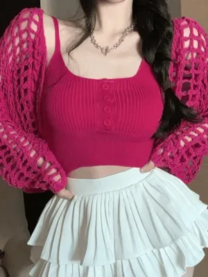 Wenkouban-Spring Casual Outfits Y2K Outfits Open Front Hollow Out Crochet Knit Crop Top