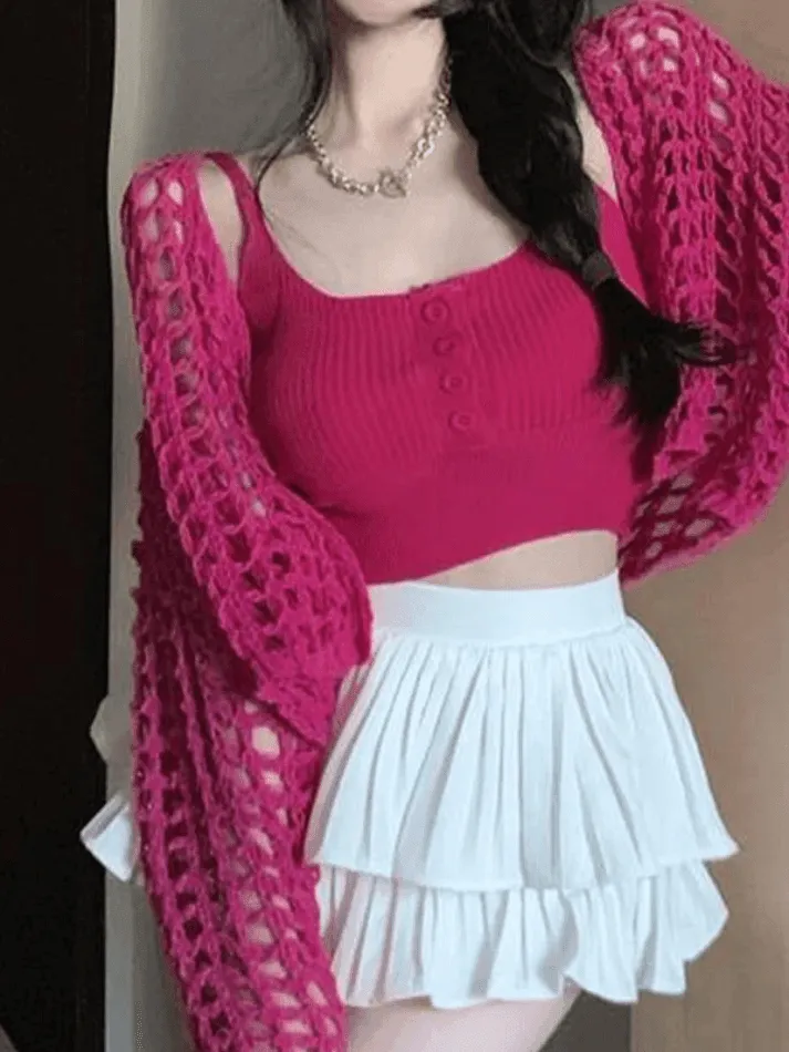 Wenkouban-Spring Casual Outfits Y2K Outfits Open Front Hollow Out Crochet Knit Crop Top
