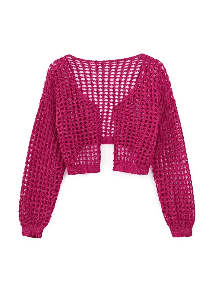 Wenkouban-Spring Casual Outfits Y2K Outfits Open Front Hollow Out Crochet Knit Crop Top