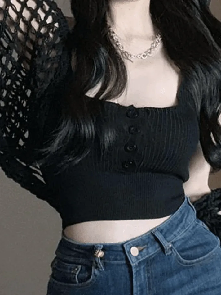 Wenkouban-Spring Casual Outfits Y2K Outfits Open Front Hollow Out Crochet Knit Crop Top