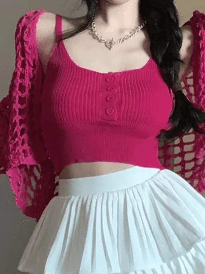 Wenkouban-Spring Casual Outfits Y2K Outfits Open Front Hollow Out Crochet Knit Crop Top