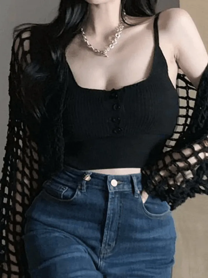 Wenkouban-Spring Casual Outfits Y2K Outfits Open Front Hollow Out Crochet Knit Crop Top