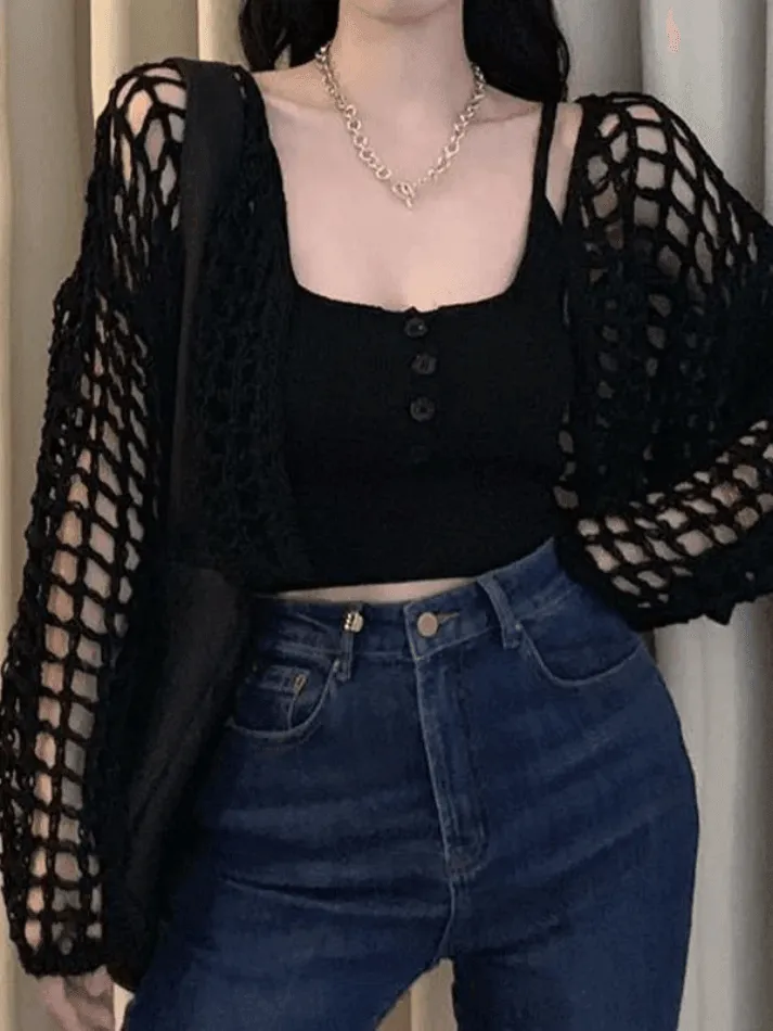 Wenkouban-Spring Casual Outfits Y2K Outfits Open Front Hollow Out Crochet Knit Crop Top