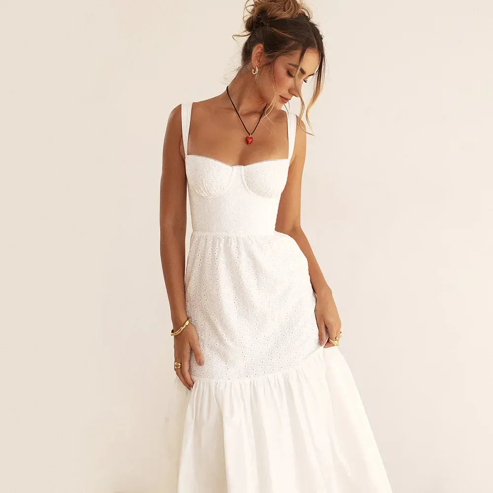 White Women's Summer Dress Linen-cotton Blend Jacquard Dress Elegant Sexy Midi Vacation Holiday Dress