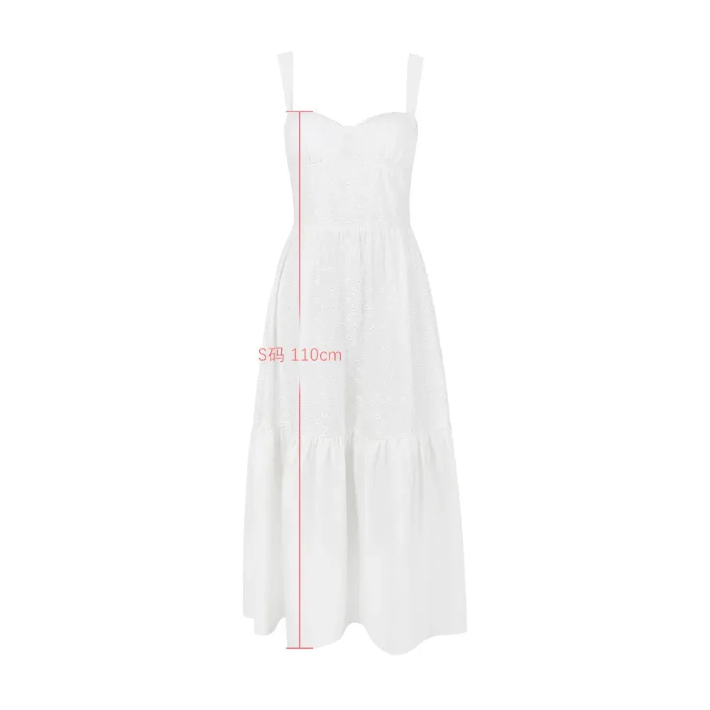 White Women's Summer Dress Linen-cotton Blend Jacquard Dress Elegant Sexy Midi Vacation Holiday Dress