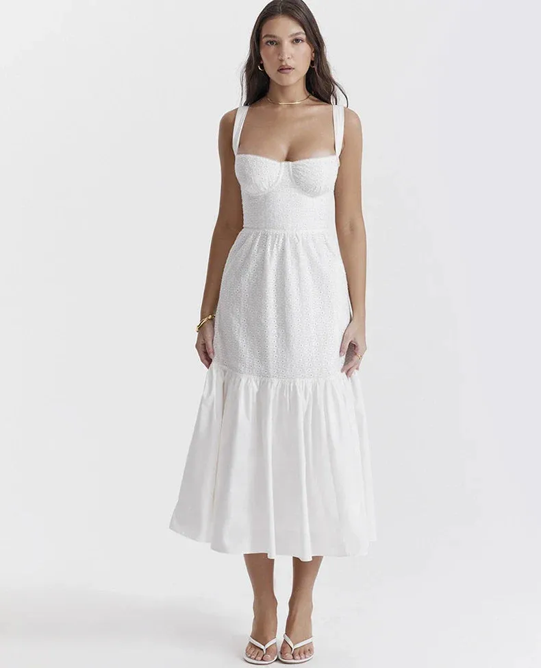 White Women's Summer Dress Linen-cotton Blend Jacquard Dress Elegant Sexy Midi Vacation Holiday Dress