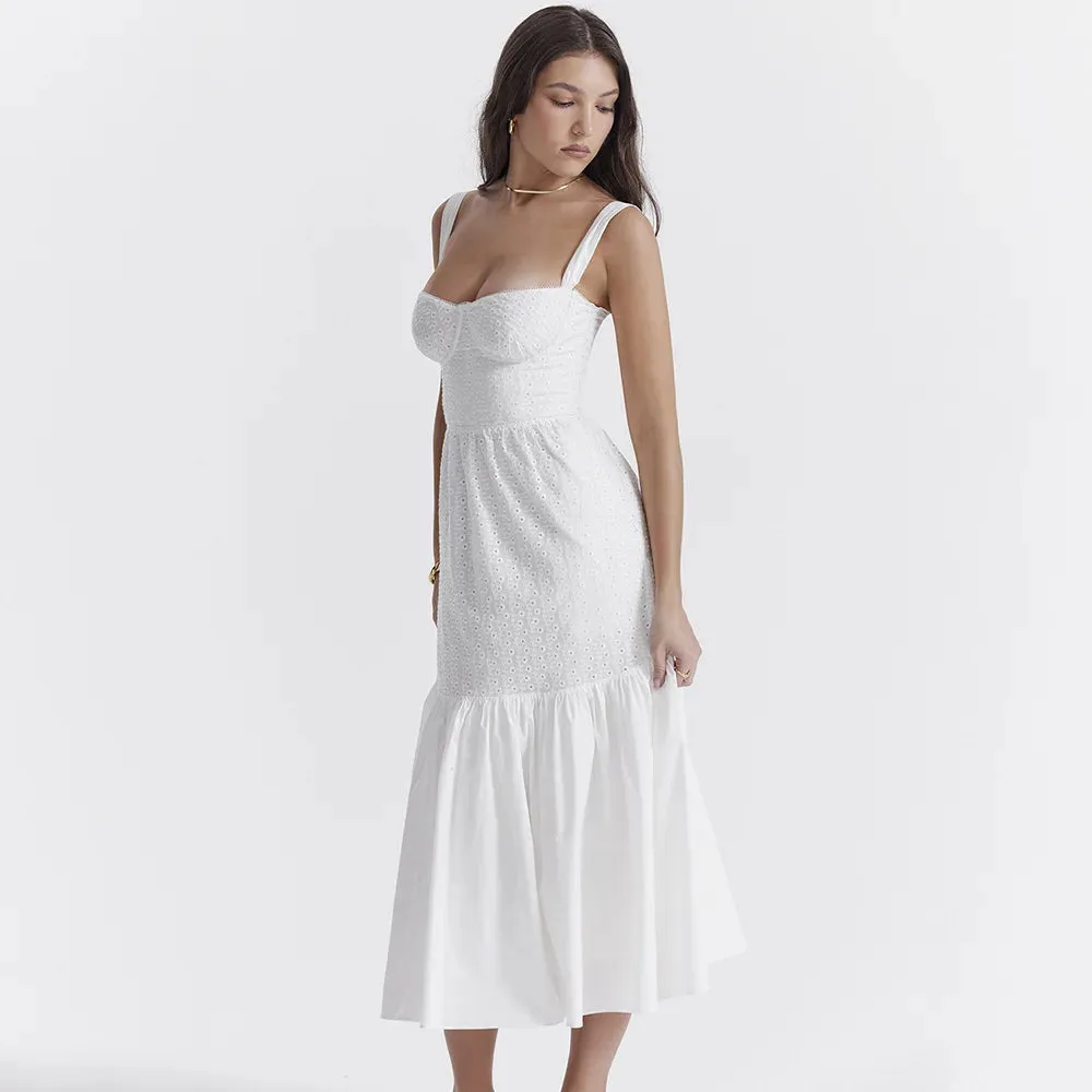 White Women's Summer Dress Linen-cotton Blend Jacquard Dress Elegant Sexy Midi Vacation Holiday Dress