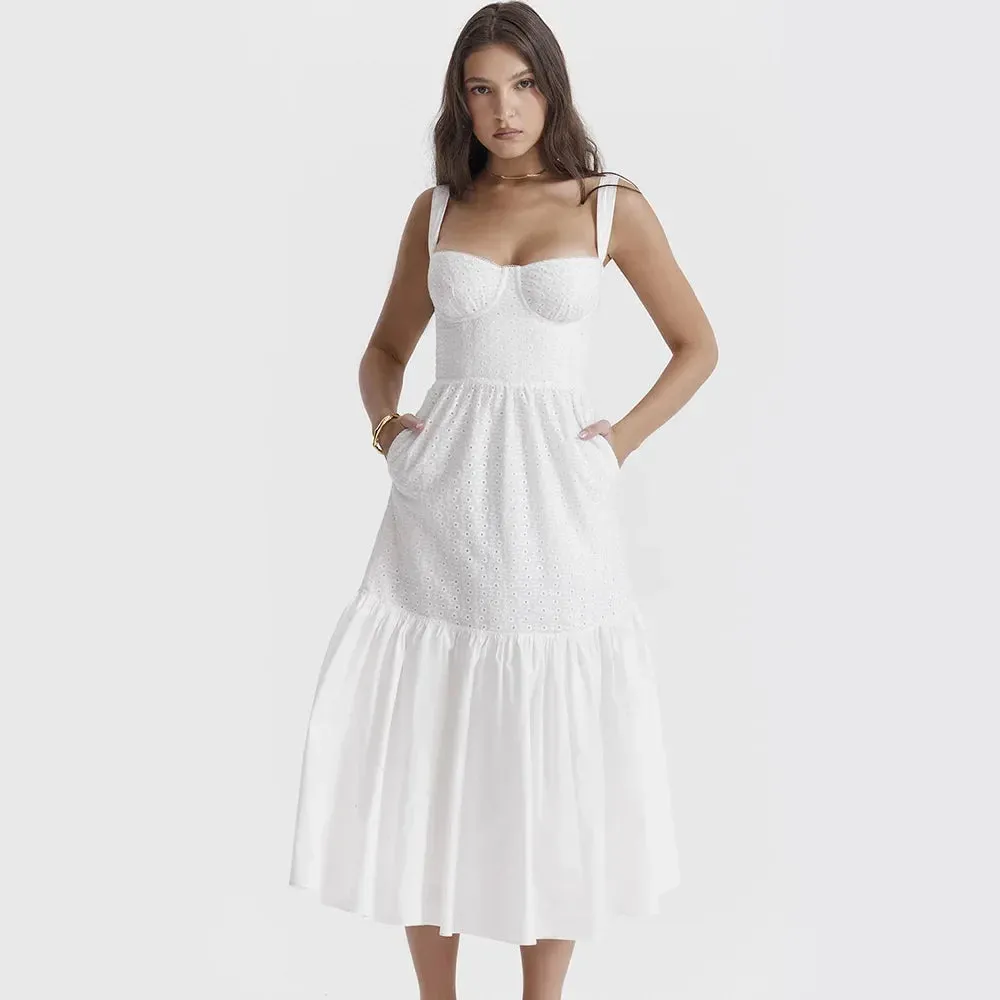 White Women's Summer Dress Linen-cotton Blend Jacquard Dress Elegant Sexy Midi Vacation Holiday Dress