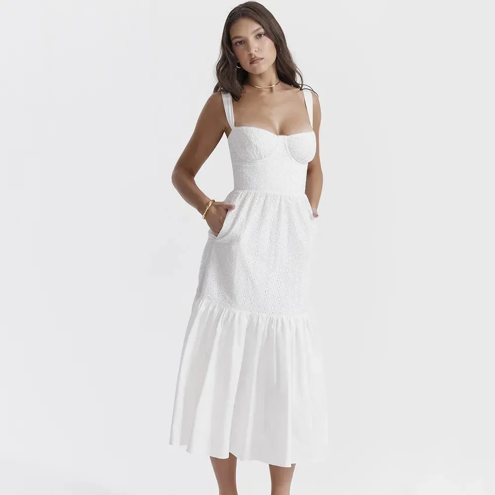 White Women's Summer Dress Linen-cotton Blend Jacquard Dress Elegant Sexy Midi Vacation Holiday Dress