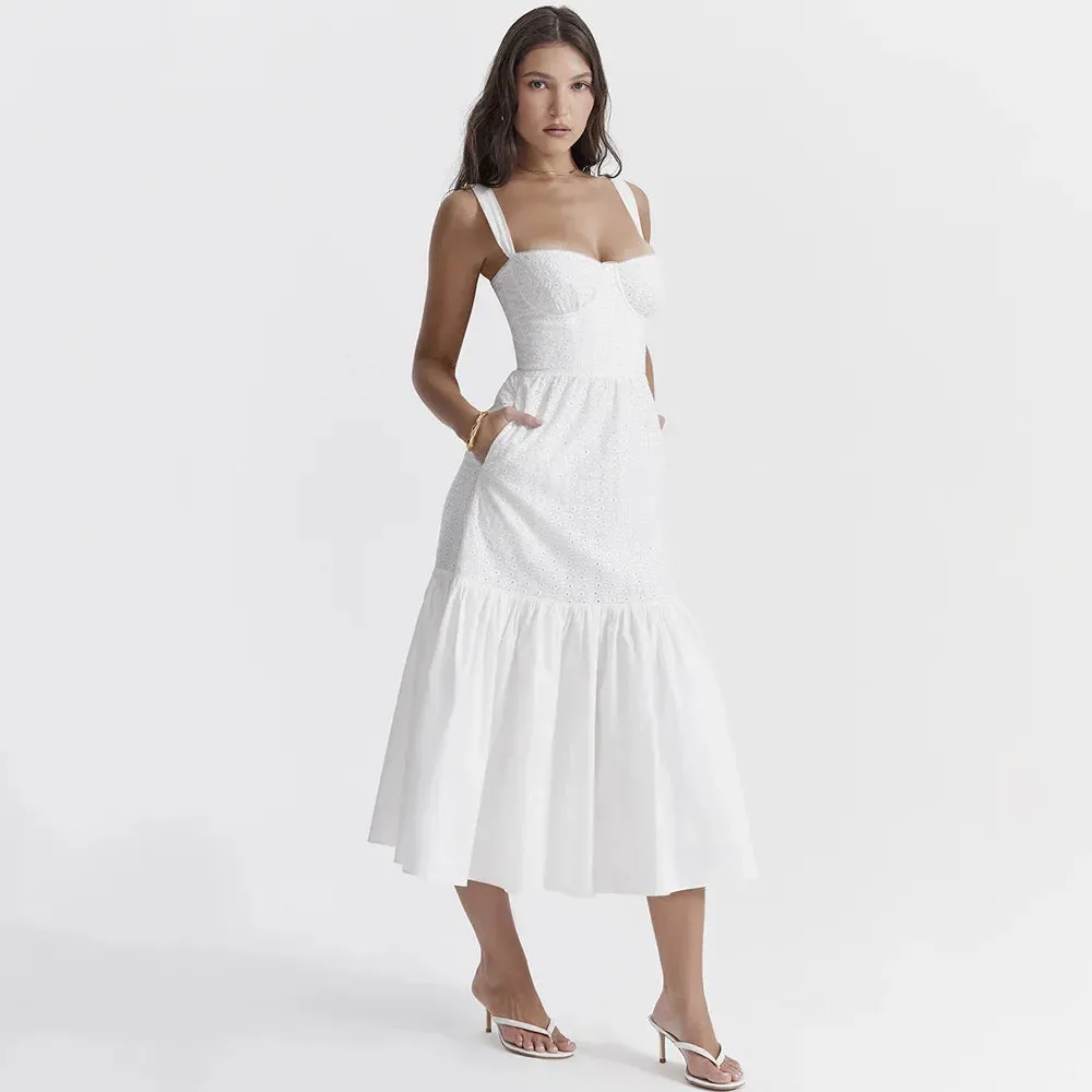 White Women's Summer Dress Linen-cotton Blend Jacquard Dress Elegant Sexy Midi Vacation Holiday Dress