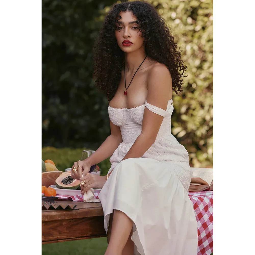 White Women's Summer Dress Linen-cotton Blend Jacquard Dress Elegant Sexy Midi Vacation Holiday Dress