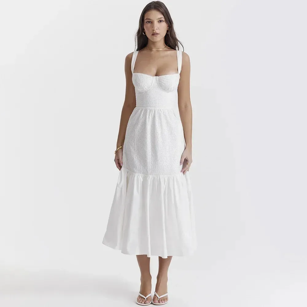 White Women's Summer Dress Linen-cotton Blend Jacquard Dress Elegant Sexy Midi Vacation Holiday Dress