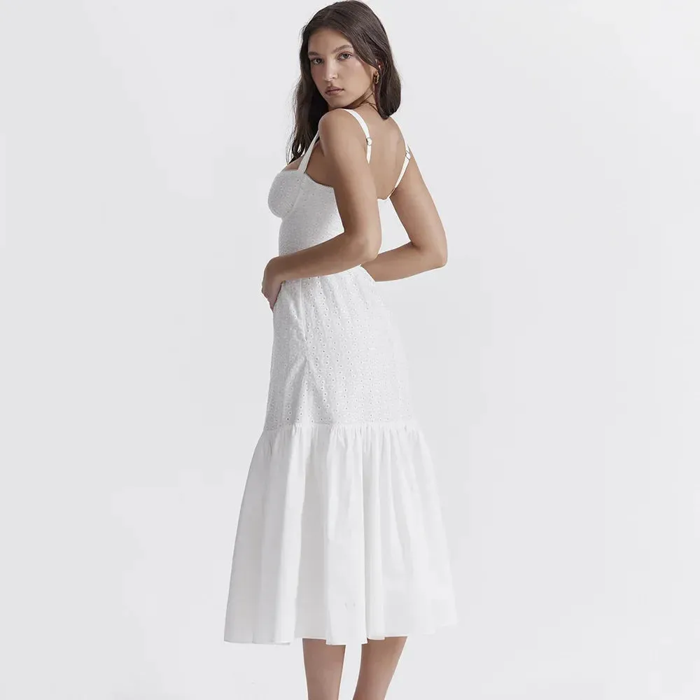 White Women's Summer Dress Linen-cotton Blend Jacquard Dress Elegant Sexy Midi Vacation Holiday Dress