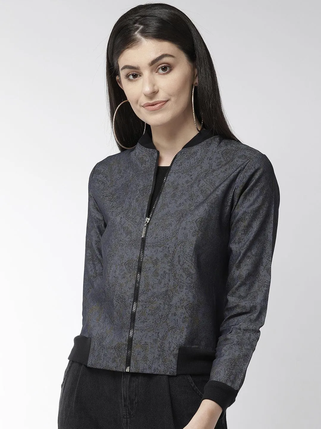 Women Blue & Black Printed Lightweight Bomber Jacket