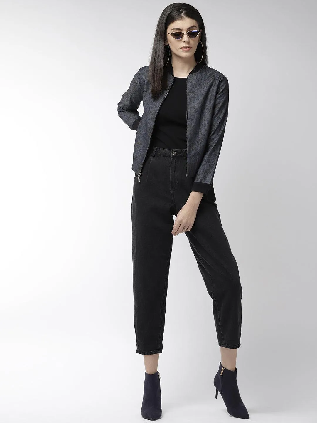 Women Blue & Black Printed Lightweight Bomber Jacket