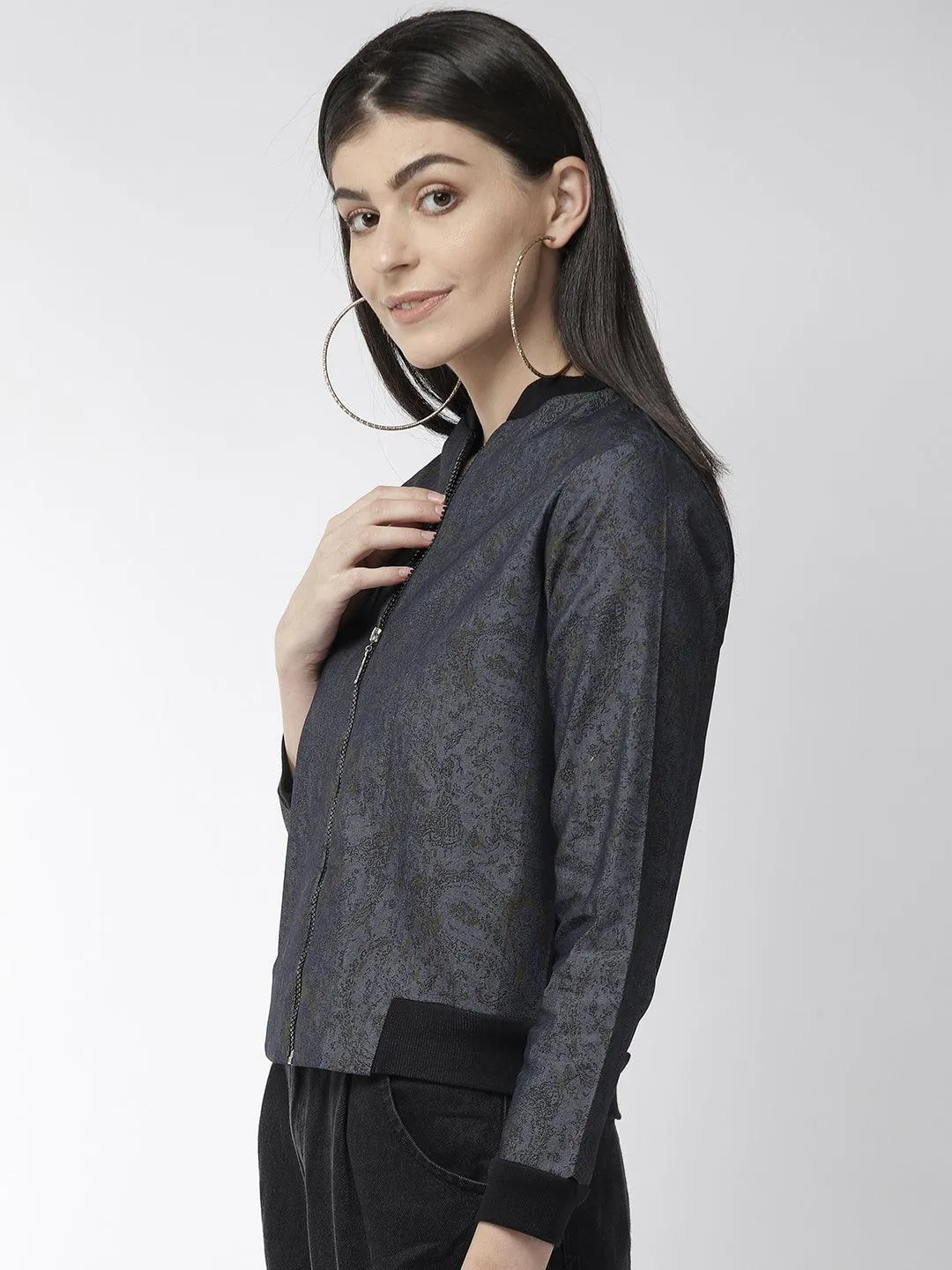 Women Blue & Black Printed Lightweight Bomber Jacket