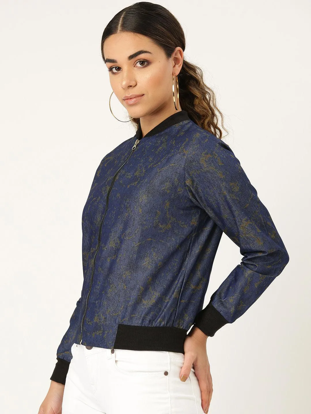 Women Blue & Black Printed Lightweight Bomber Jacket