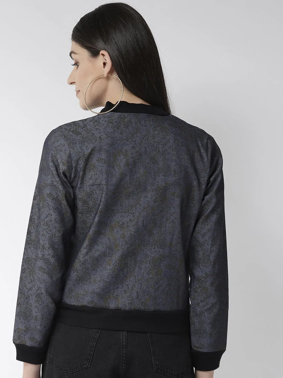 Women Blue & Black Printed Lightweight Bomber Jacket