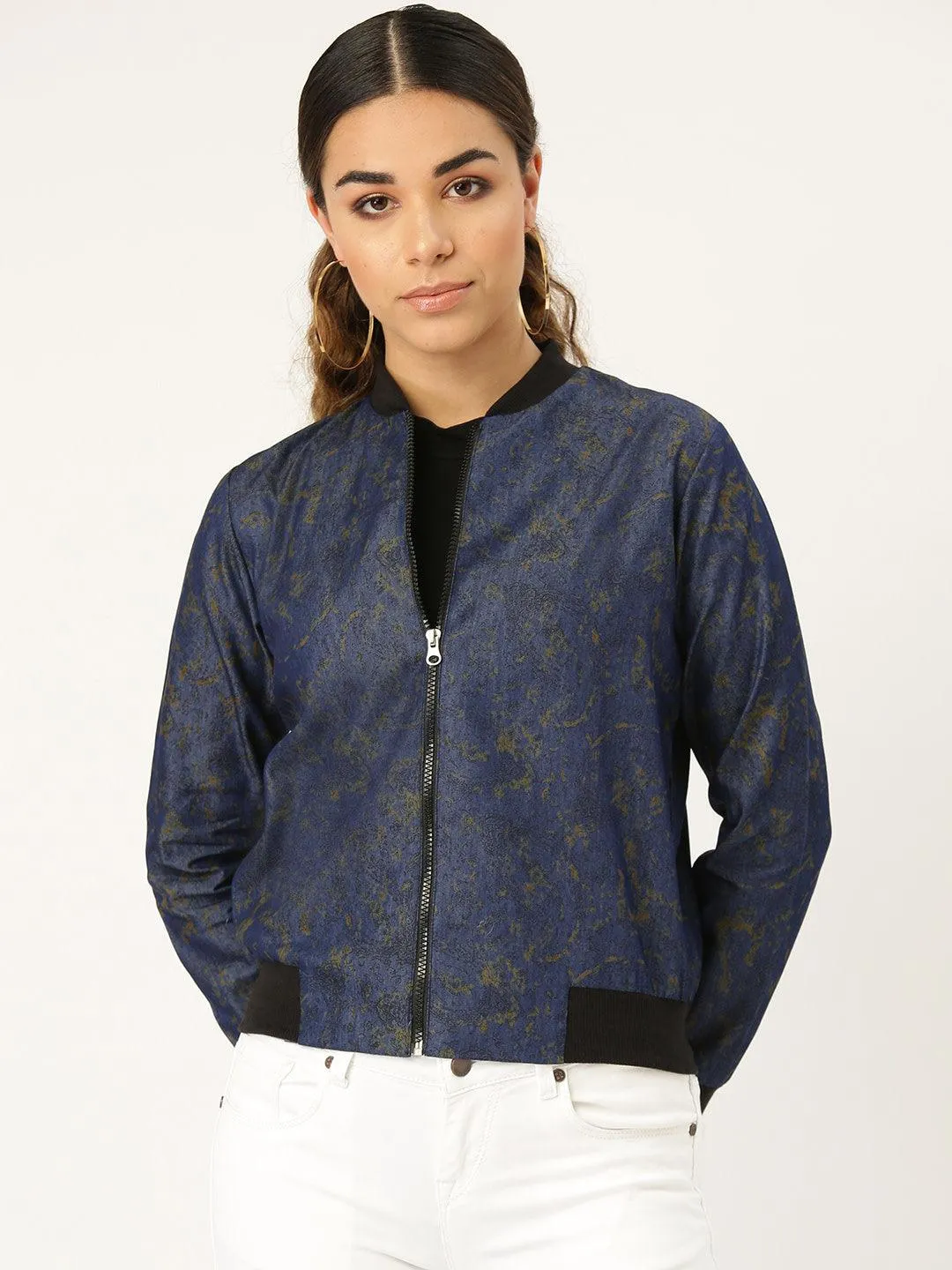 Women Blue & Black Printed Lightweight Bomber Jacket