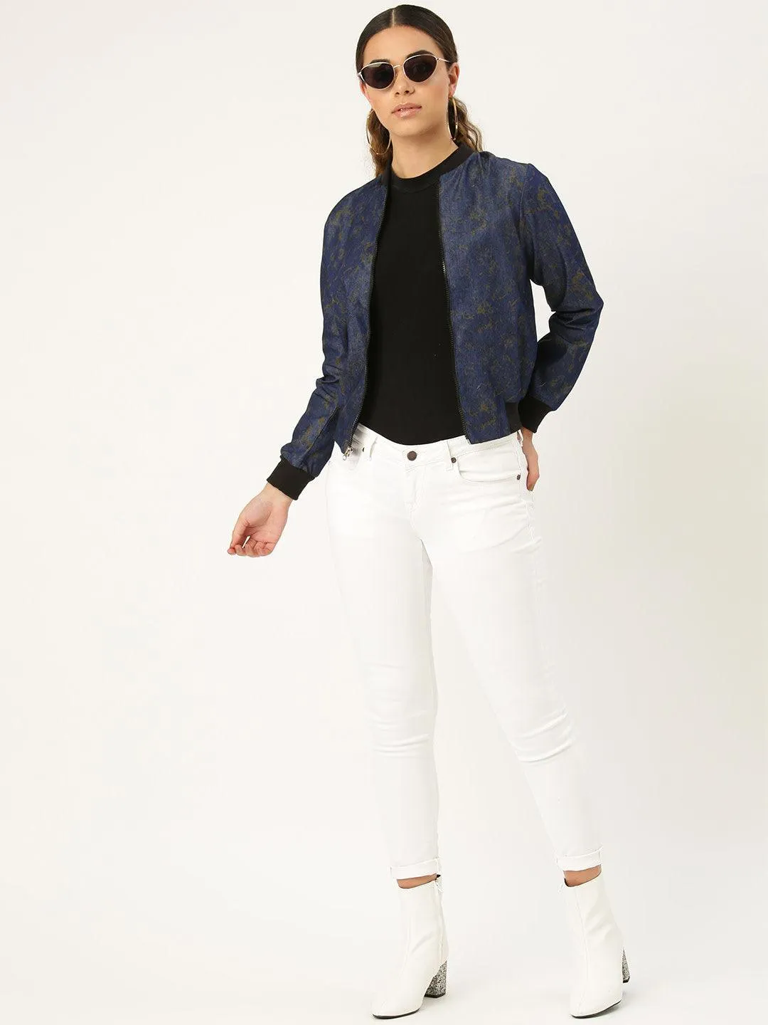 Women Blue & Black Printed Lightweight Bomber Jacket