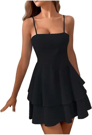 Women Summer Boho Ruffle Short Dress Strappy Layered Flowy Swing Tube Dress Solid Color Casaul Sun Beach Mini Dresses